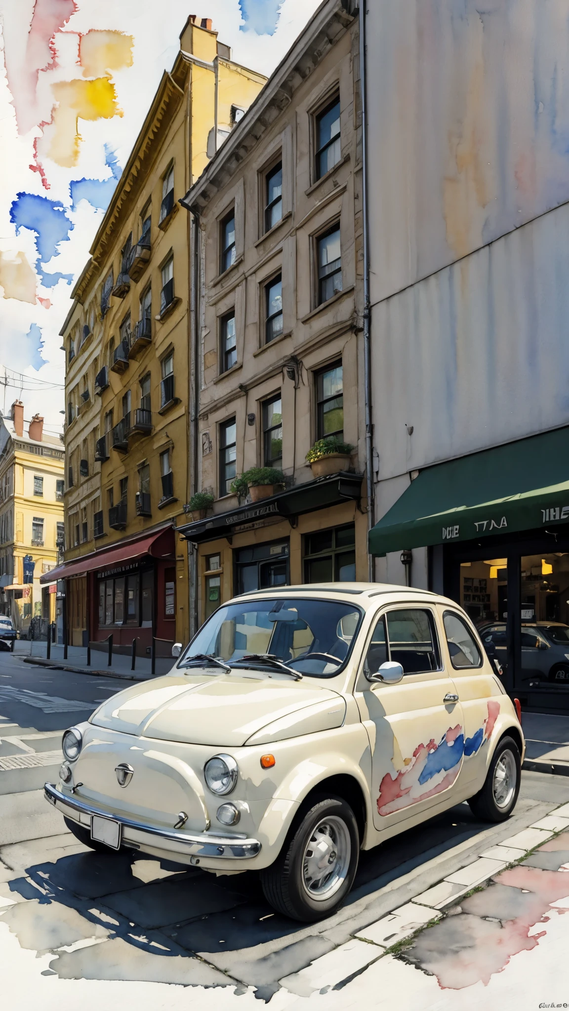 (masterpiece:1.2, Highest quality),(Very detailed),(((watercolor))),8K,wallpaper,Cream-colored Fiat 500,America,new york,Run the Statue of Liberty,(((Ghibli style))),透明watercolor