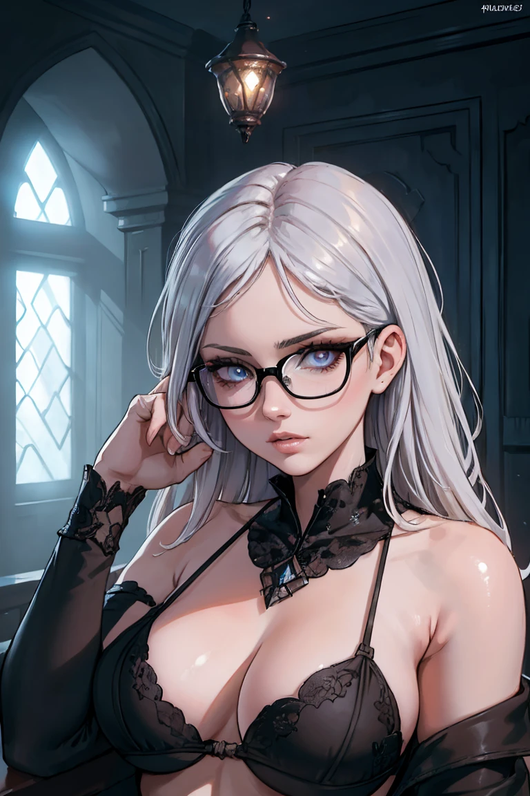 ultra-detailed girl with sexy cropped gray hair,white hair,glasses,short blacks,realistic,photorealistic,hyper-detailed,8k,masterpiece,vibrant colors,dramatic lighting,beautiful detailed eyes,beautiful detailed lips,extremely detailed eyes and face,long eyelashes,porcelain skin,elegant pose,cinematic lighting,chiaroscuro lighting,moody atmosphere,dark and gritty,dramatic shadows,cinematic color palette,dramatic contrast,cinematic framing