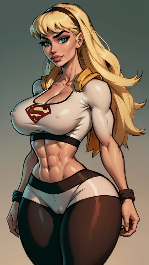 WITH YOUR BACK TO THE CAMERA,((ultra quality)), ((masterpiece)), supes, cute smile, smile, ((long blonde hair)), (Beautiful face), (beautiful female lips), (), charming, ((sexy facial expression)), (white skin color), (white skin), glare on the body, ((detailed beautiful female eyes)), ((dark brown eyes)), (juicy female lips), (dark eyeliner), (crop top, )(((headband))), (((leggings))), wide eyebrows, abs, slanted green eyes, makeup eyelids, big cheekbones, thin cheeks, defined jaw, (beautiful female hands), ((ideal female figure)), ideal female body, beautiful waist, gorgeous thighs, beautiful huge breasts, cleavage,((subtle and beautiful)), sexy worth
