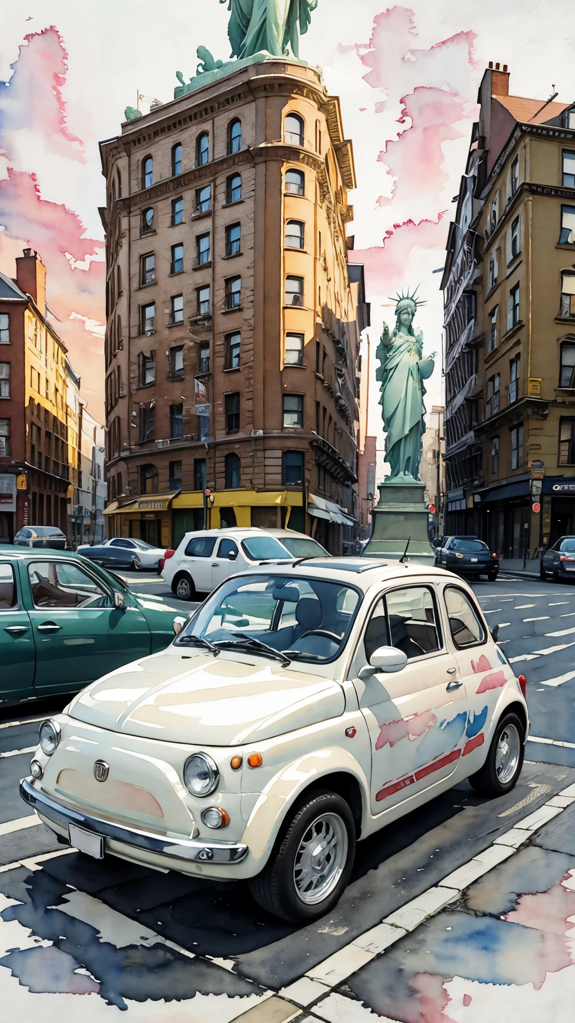 (masterpiece:1.2, Highest quality),(Very detailed),(((watercolor))),8K,wallpaper,Cream-colored Fiat 500,America,new york,Running in front of the Statue of Liberty,(((Ghibli style))),透明watercolor