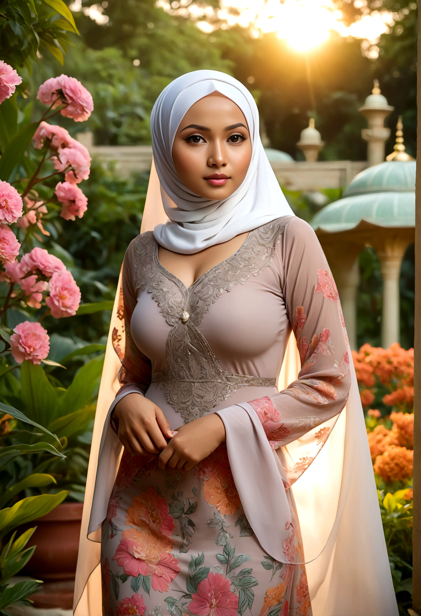 A lovely Malaysian woman (age 20, hijab no hair showing, busty, sheer summer dress (no underwear)), glamour poses in lavish garden at sunrise