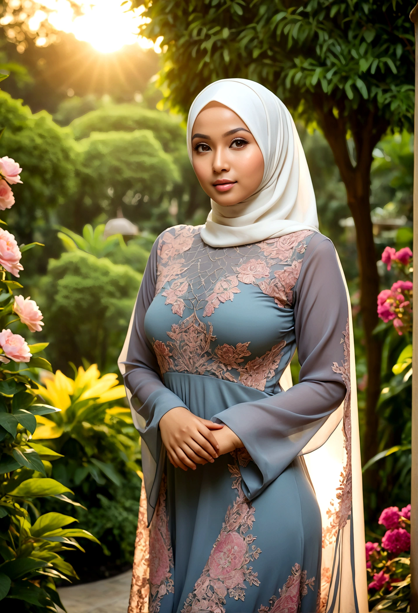 A lovely Malaysian woman (age 20, hijab no hair showing, busty, sheer summer dress (no underwear)), glamour poses in lavish garden at sunrise