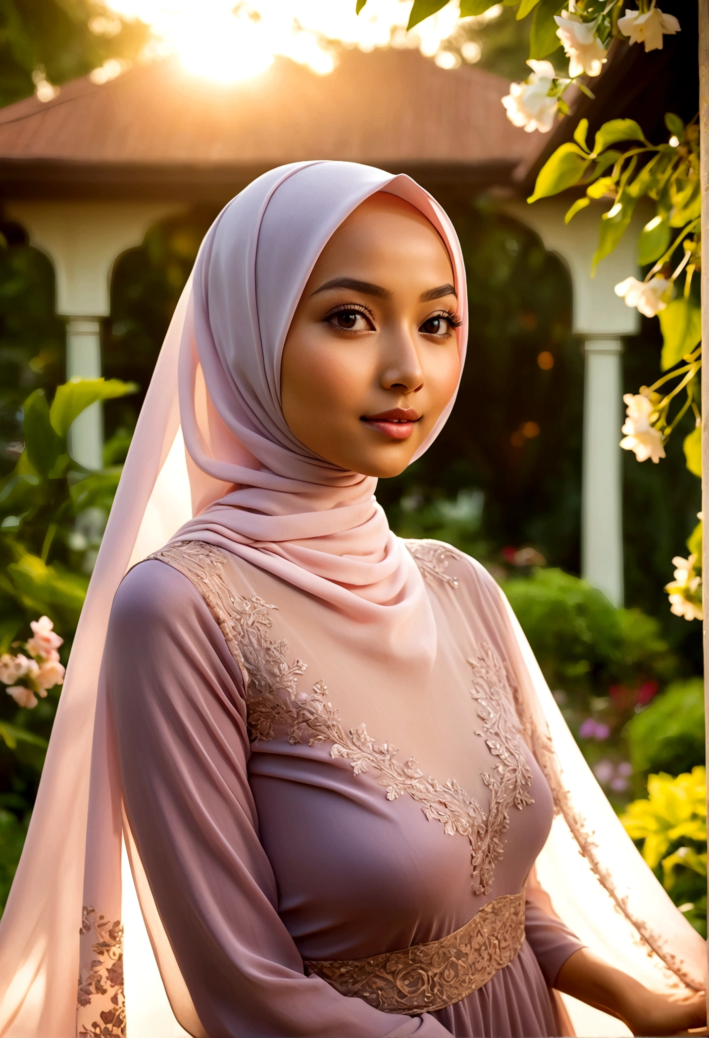 A lovely Malaysian woman (age 20, hijab no hair showing, busty, sheer summer dress (no underwear)), glamour poses in lavish garden at sunrise