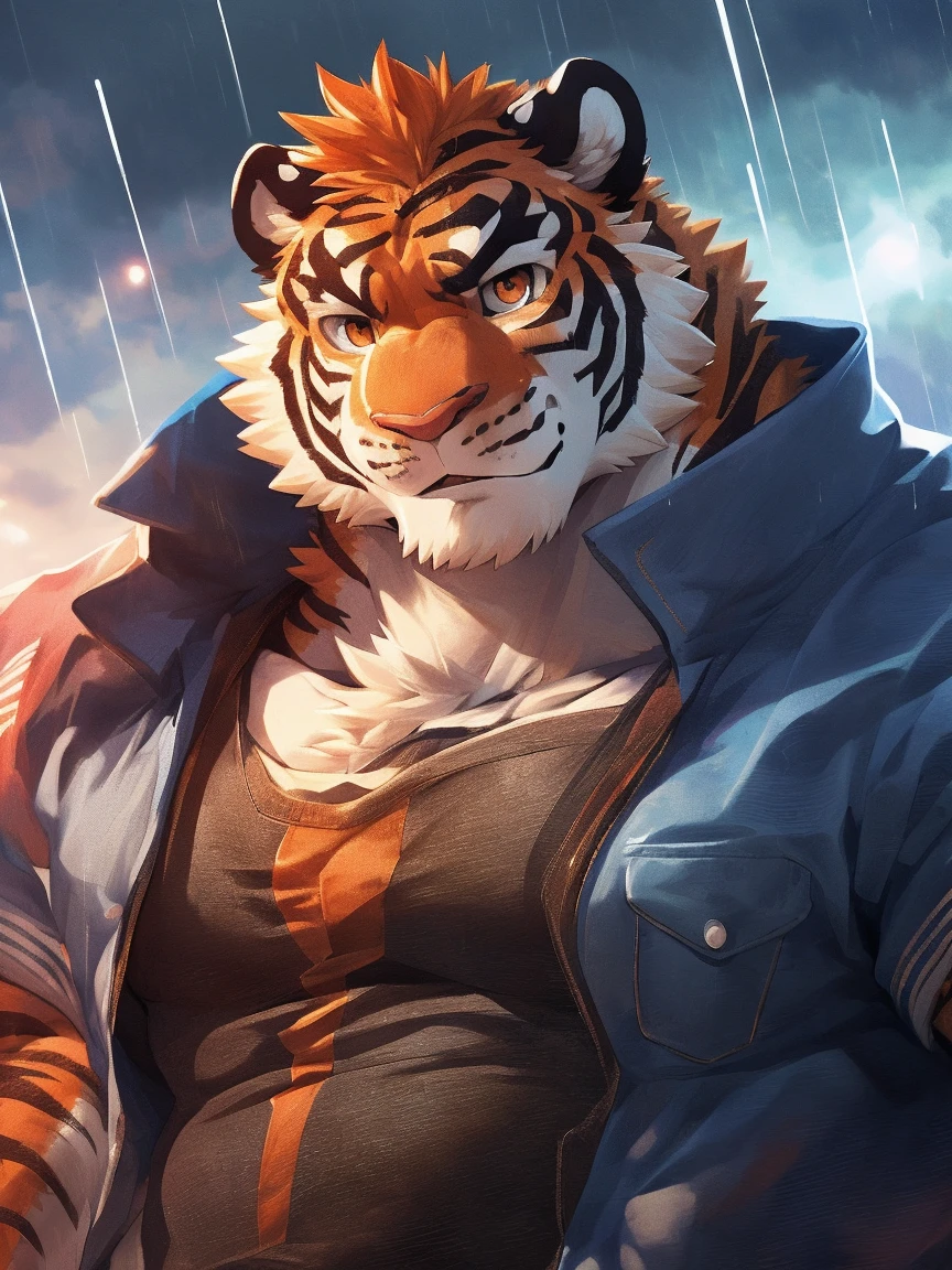 human nature, Wildlife, male,18 years old, solitary, ((Round Face, The face is plump,Orange eyes,Thick orange hair,With scars)), ((Endomorph, Handsome,Hot Blood)), (Sportswear,Light blue and white coat,Wear a sports cap), ((domestic tiger, tiger,) Fluffy fur, Fluffy), Bokeh, (high quality, high resolution, masterpiece), (Dynamic Lighting, Vibrant colors,Natural fill light), (Revitalize,harm,Disdain,aggressive), Full body picture (close up), cartoon, author:Takemoto Arashi, From zixiong, By Chunni, author:Empty Ghost,(background:Raining dead city)