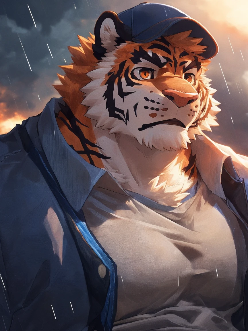 human nature, Wildlife, male,18 years old， solitary, ((Round Face, The face is plump,Orange eyes,Thick orange hair，With scars)), ((Endomorph, Handsome，Hot Blood)), (Sportswear，Light blue and white coat，Wear a sports cap), ((domestic tiger, tiger，) Fluffy fur, Fluffy), Bokeh, (high quality, high resolution, masterpiece), (Dynamic Lighting, Vibrant colors，Natural fill light), (Revitalize，harm，Disdain，aggressive), Full body picture (close up), cartoon, author：Takemoto Arashi, From zixiong, By Chunni, author：Empty Ghost，（background：Raining dead city）