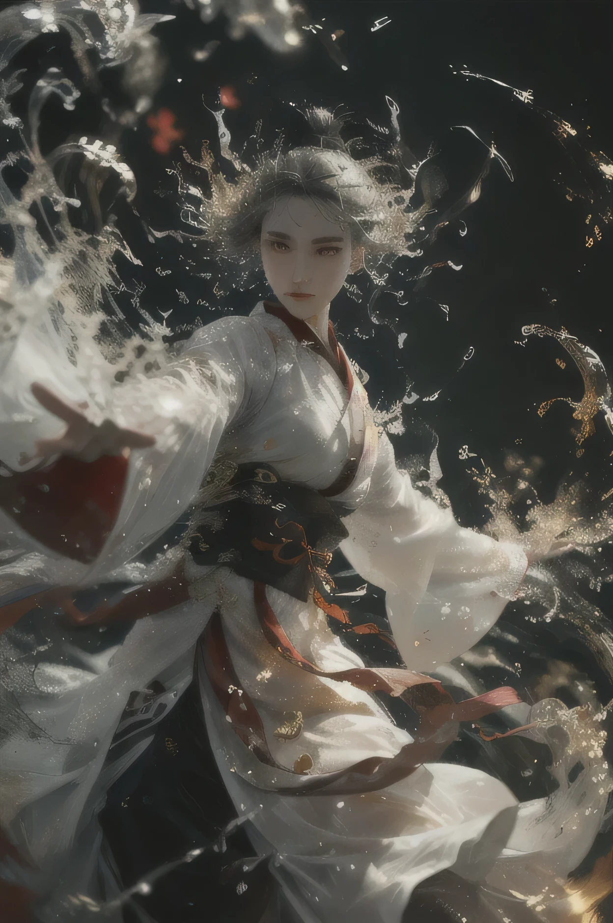 Ultra-high resolution, ((masterpiece))), (((Highest quality))), ((Very detailed)),  ((Very delicate and beautiful)),Cinematic Light, Detailed Environment(Genuine), Motion Blur, Depth of written boundary, Black background 1 girl,alone, (Gray Hair:1.2), (Dark red and light gold Hanfu:1.2), Wide sleeves,
Wide sleeves, Outstretched arms, Combat Stance, Upper Body
(Splash:1.3),
