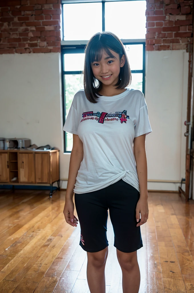 A girl, 15yo, cute smile girl, ((baggy T-shirt, oversized, T-shirt)), ((huge breasts)), black A-line pixie cut, in wooden floor school gym, half open mouth, (((looking away))), (standing), ((Underexpose Lighting)), view from front, barefoot