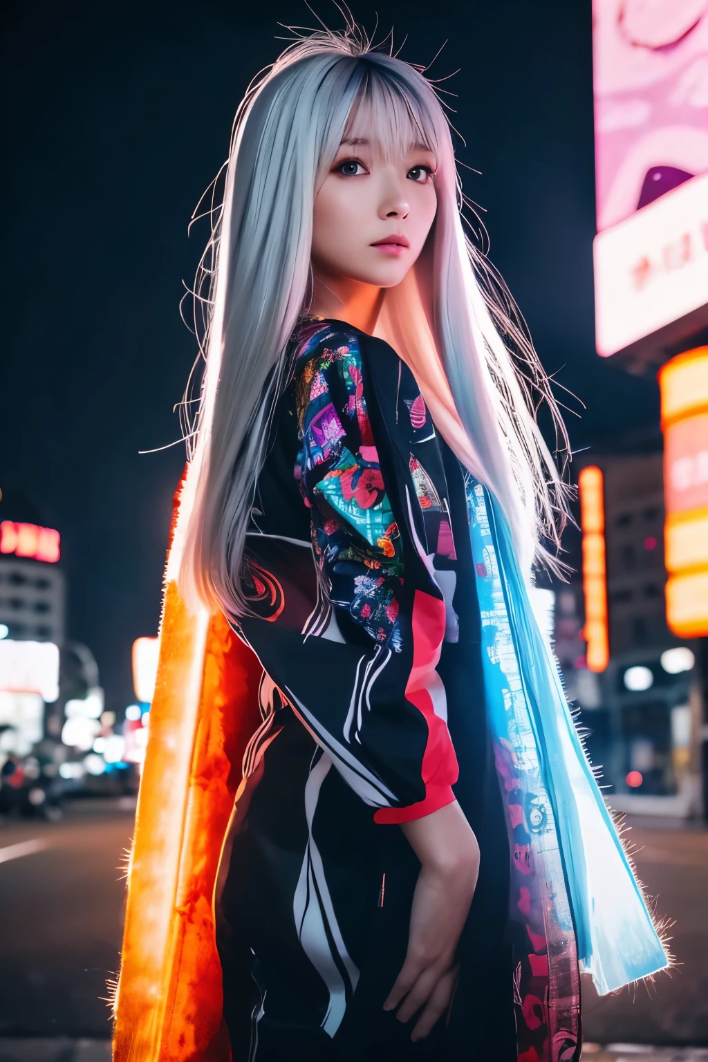 Masterpiece, high quality, high resolution, 8K, (solo:1.2), ((1girl)), Japanese woman, detailed face, detailed eyes, correct body structure, upper body, ((White hair:1.2)), very long hair, messy hair, slender body, seductive silhouette, luminous bones, depth of field, dark photo at nighttime, dimly lit, bangs, Cinematic Lighting, Tyndall effect, abstract background, futuristic outfits, vibrant colors, modern style, wide sleeves, artistic, unique patterns, colorful, stylish, trendy