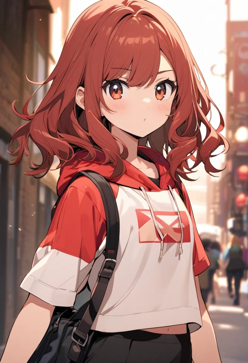 a 15 teenage girl, little brunette, with short red hair, wavy