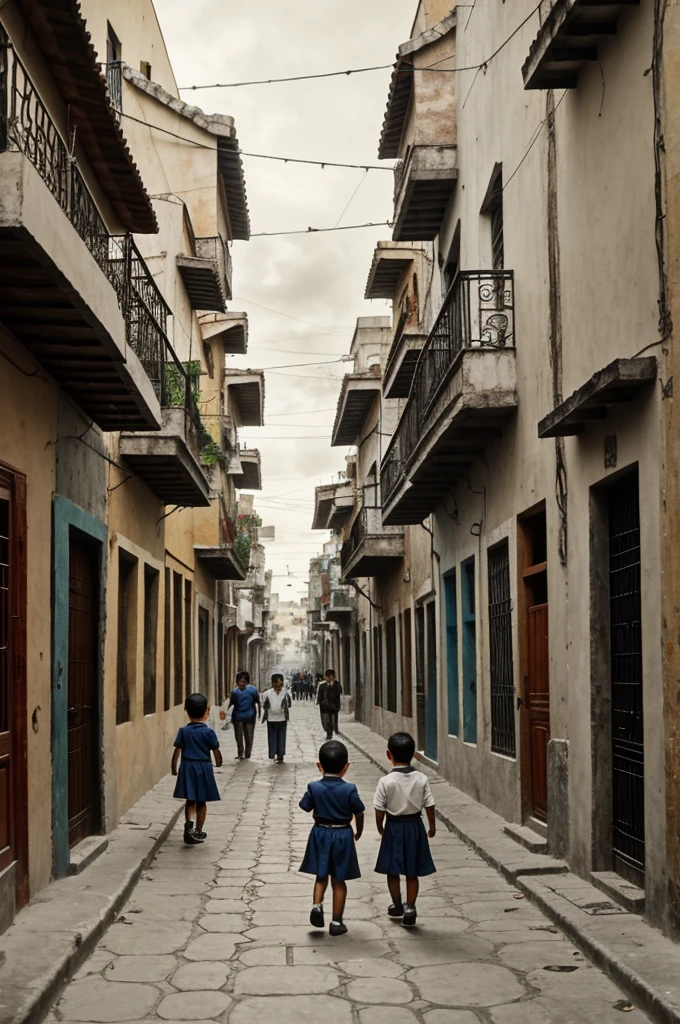 Carlitos walking through a neighborhood in Mexico City in the 1940s. Children are seen playing in the street and old buildings.