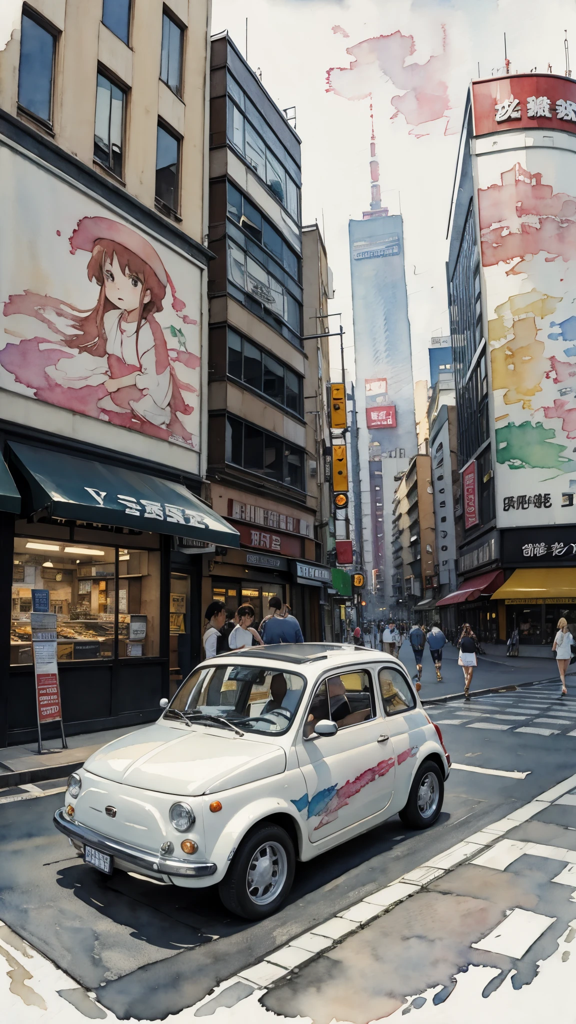 (masterpiece:1.2, Highest quality),(Very detailed),(((watercolor))),8K,wallpaper,Cream-colored Fiat 500,Japan,Running through Shibuya Scramble Crossing,(((Ghibli style))),透明watercolor