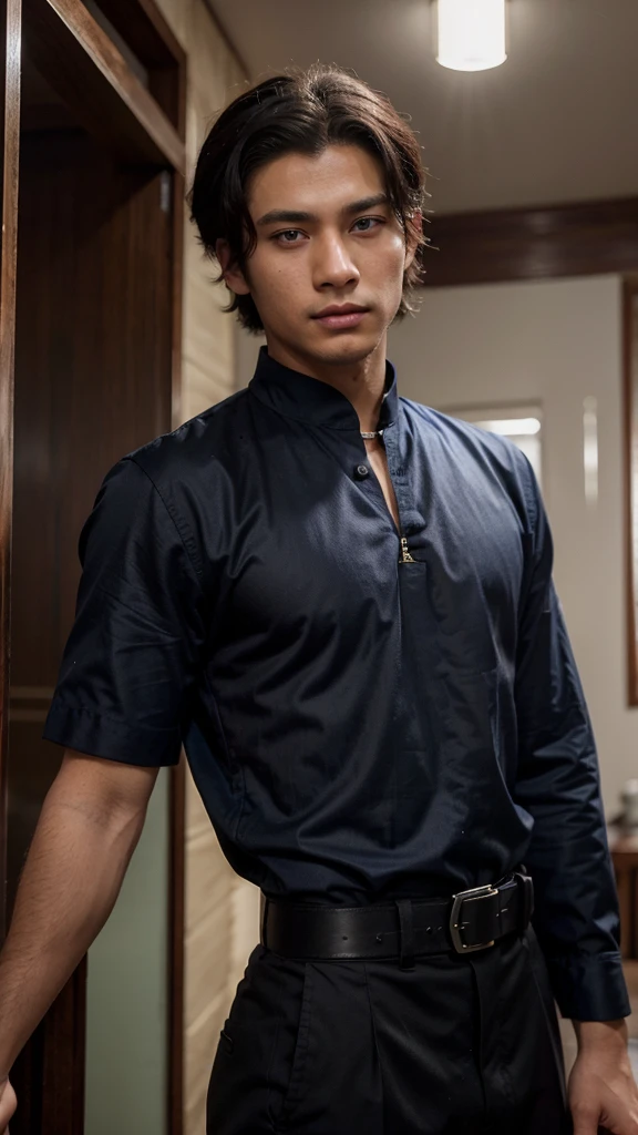 1 man, eiser grayon from the manhwa serena, Handsome, Webtoon, realistic, ultra realistic, hd, 8k, short black hair, blue eyes, typical Javanese Indonesian clothing