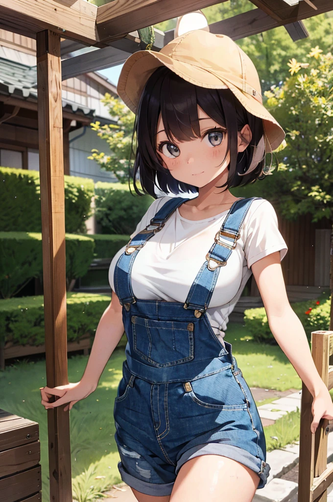1girl in, Breathtaking cuteness, face perfect,, Japanese,14years, A sexy, ciinematic light, short-haired, 、Ultra small size 、Wearing overalls、Stonewash、((Climb on top of the person watching you)), ((huge breasts, clothed huge breasts)), barefoot, thick thighs, standing
