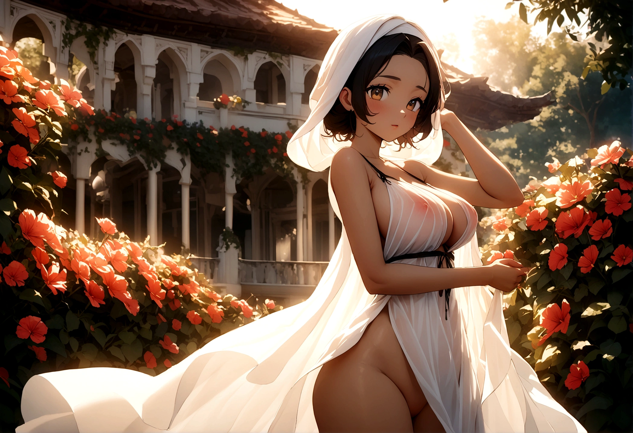 A lovely Malaysian woman (age 20, hijab no hair showing, busty, sheer summer dress (no underwear)), glamour poses in lavish garden at sunrise