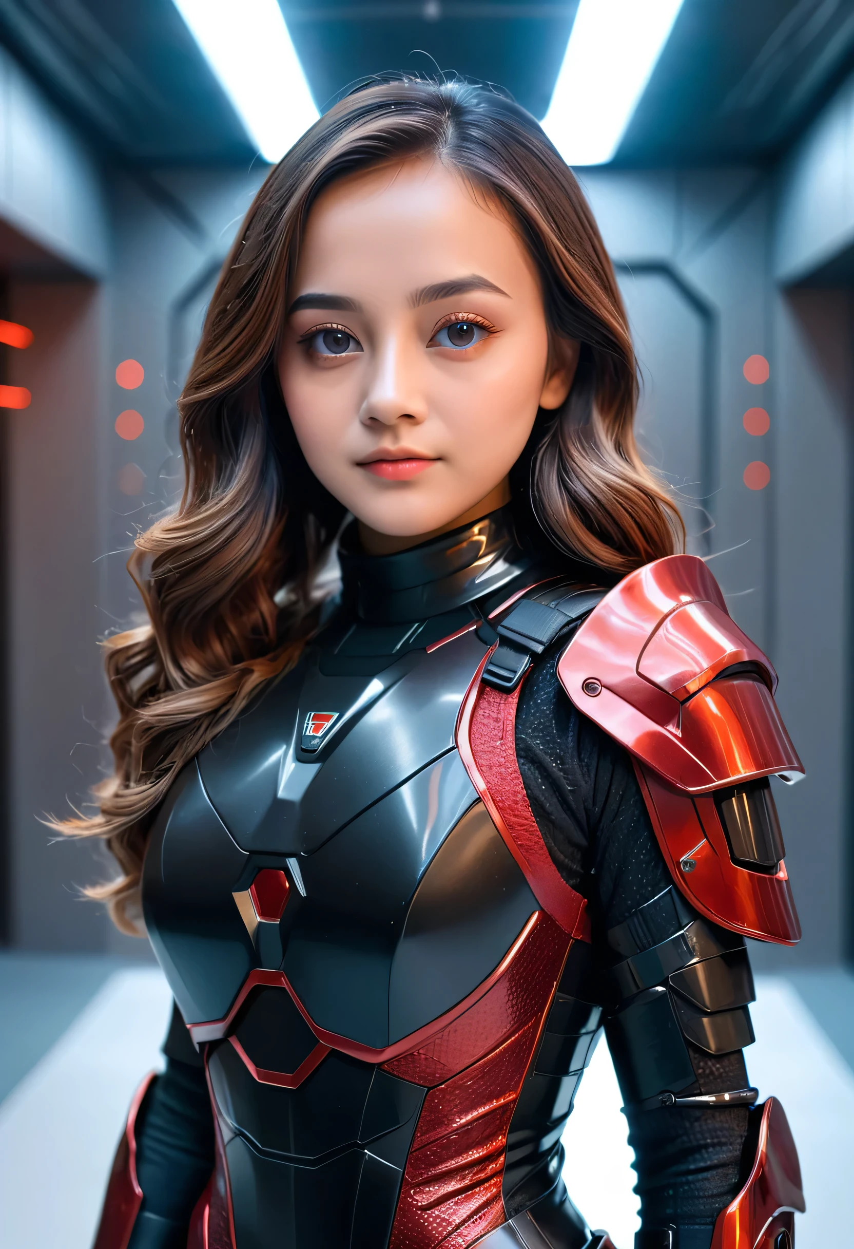 a girl with medium black eyes, aura, light brown wavy long hair, wearing black and red sci-fi armor, sci-fi style, (best quality,4k,8k,highres,masterpiece:1.2),ultra-detailed,(realistic,photorealistic,photo-realistic:1.37),studio lighting,ultra-fine painting,sharp focus,physically-based rendering,extreme detail description,professional,vivid colors,bokeh,dramatic atmosphere,war