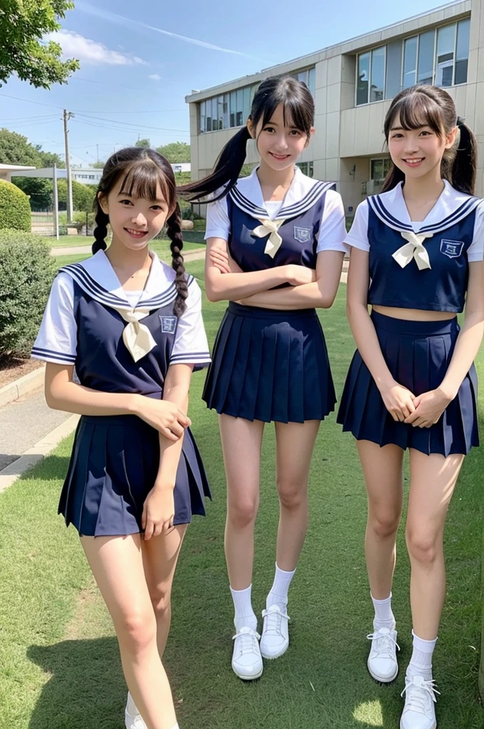 girls walking in sunny school yard,navy blue school swimsuit with white trimBREAK,sailor shirt and pleated skirt,18-year-old,bangs,a little smile,thighs,knees,short hair with low pigtails bunches,from before,front light