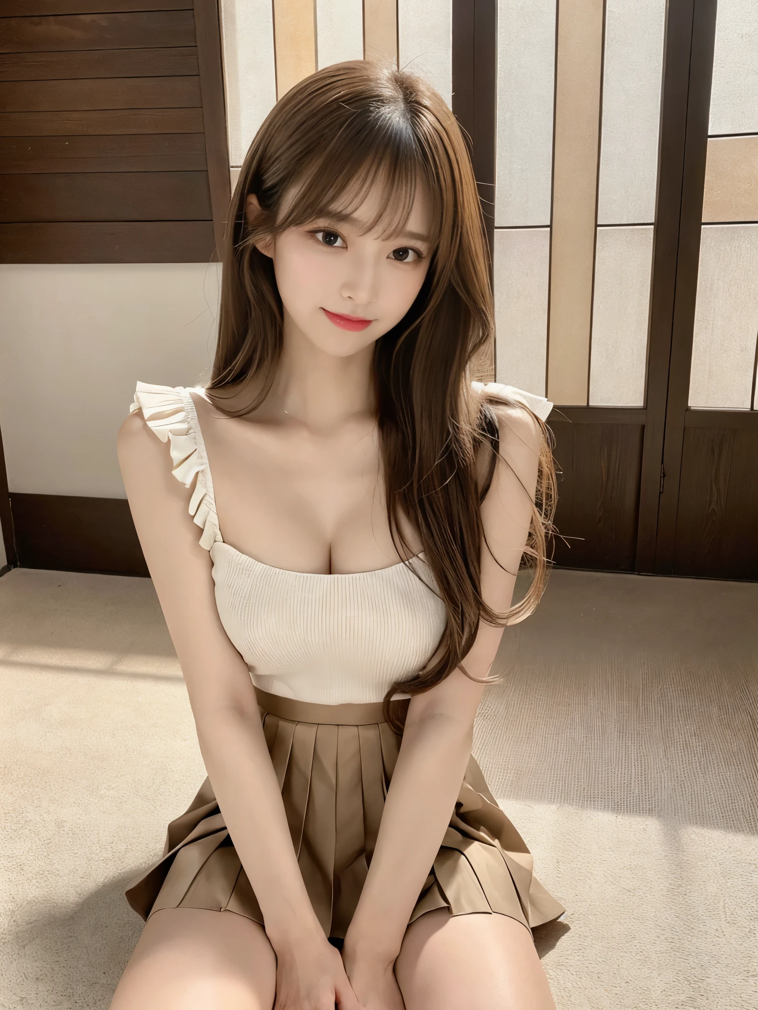 (Detailed skin:1.2),(Shiny skin:1.1),8K,Highest quality, masterpiece, Ultra-high resolution,(Realistic:1.4), RAW Photos,(Soft saturation:1.3),(Fair skin:1.2),Japanese Idols,repair,20 years, Brown Hair, (Long Hairstyles:1.2), Asymmetrical Hair, Asymmetrical bangs
(Pretty face:1.4), (Big Breasts, Tight waist), Beautiful lighting, Small Head,
(Mini Pleated Skirt:1.2,), (Random-colored camisole),Highly detailed face, Highly detailed lips, fine grain, double eyelid,(Full Body Shot), Browsing Caution, (Sharp focus: 1.2), (Beautiful woman with perfect figure: 1.2)、Random sexy poses,Accentuate your leg lines、smile
