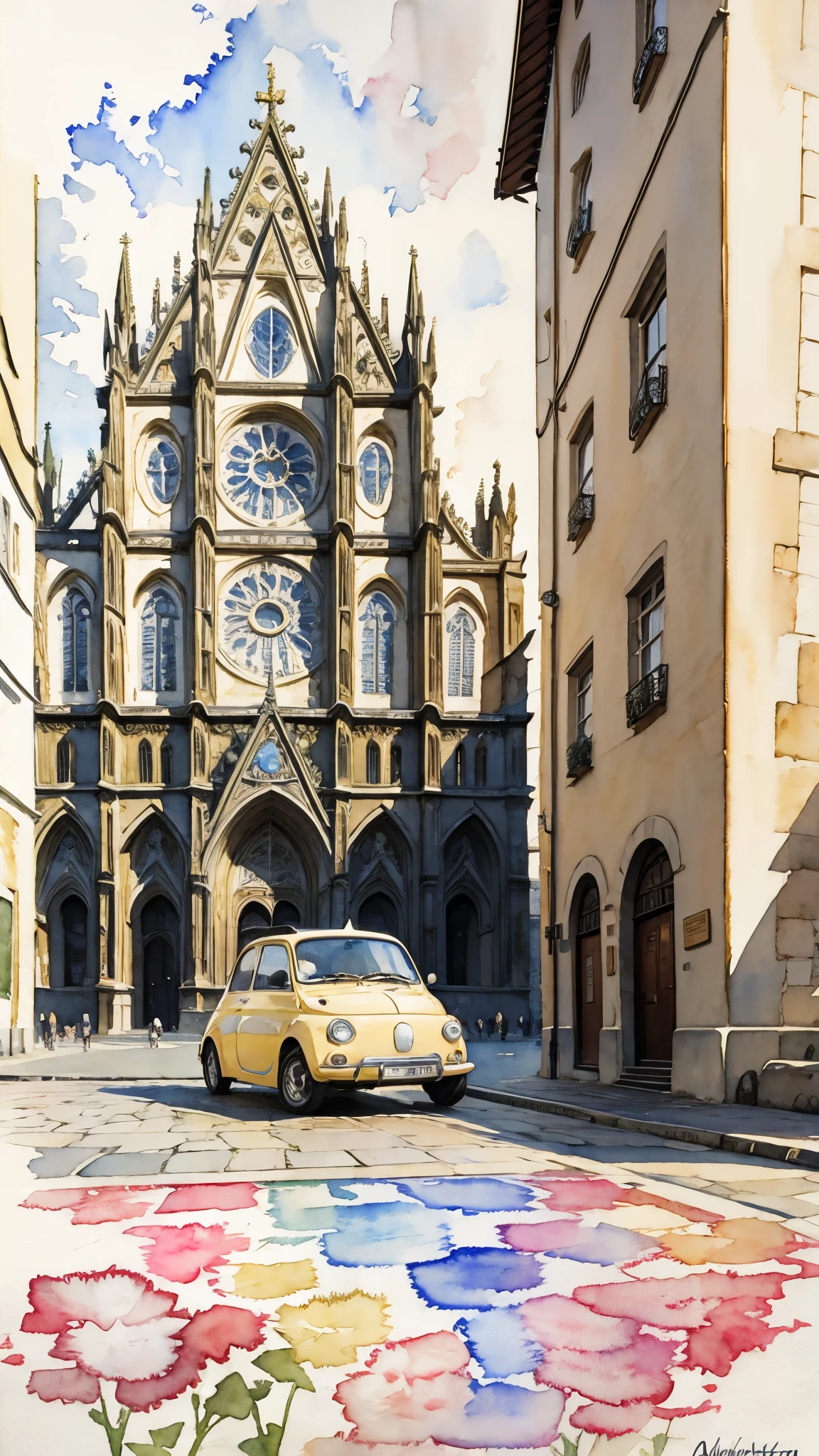 (masterpiece:1.2, Highest quality),(Very detailed),(((watercolor))),8K,wallpaper,Cream-colored Fiat 500,Germany,Run through Cologne Cathedral,(((Ghibli style))),透明watercolor