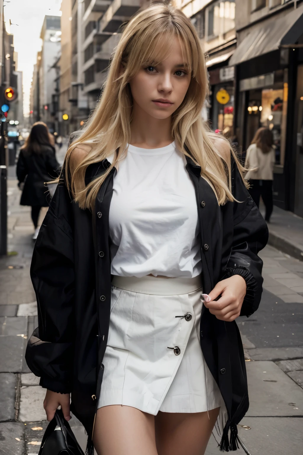 Best Quality, ultra high resolution, (photorealistic: 1.4), light blonde hair, fringe, (oversized black jacket), White shirt, Skirt, whole body, looking at the viewer. busy street and outdoors,