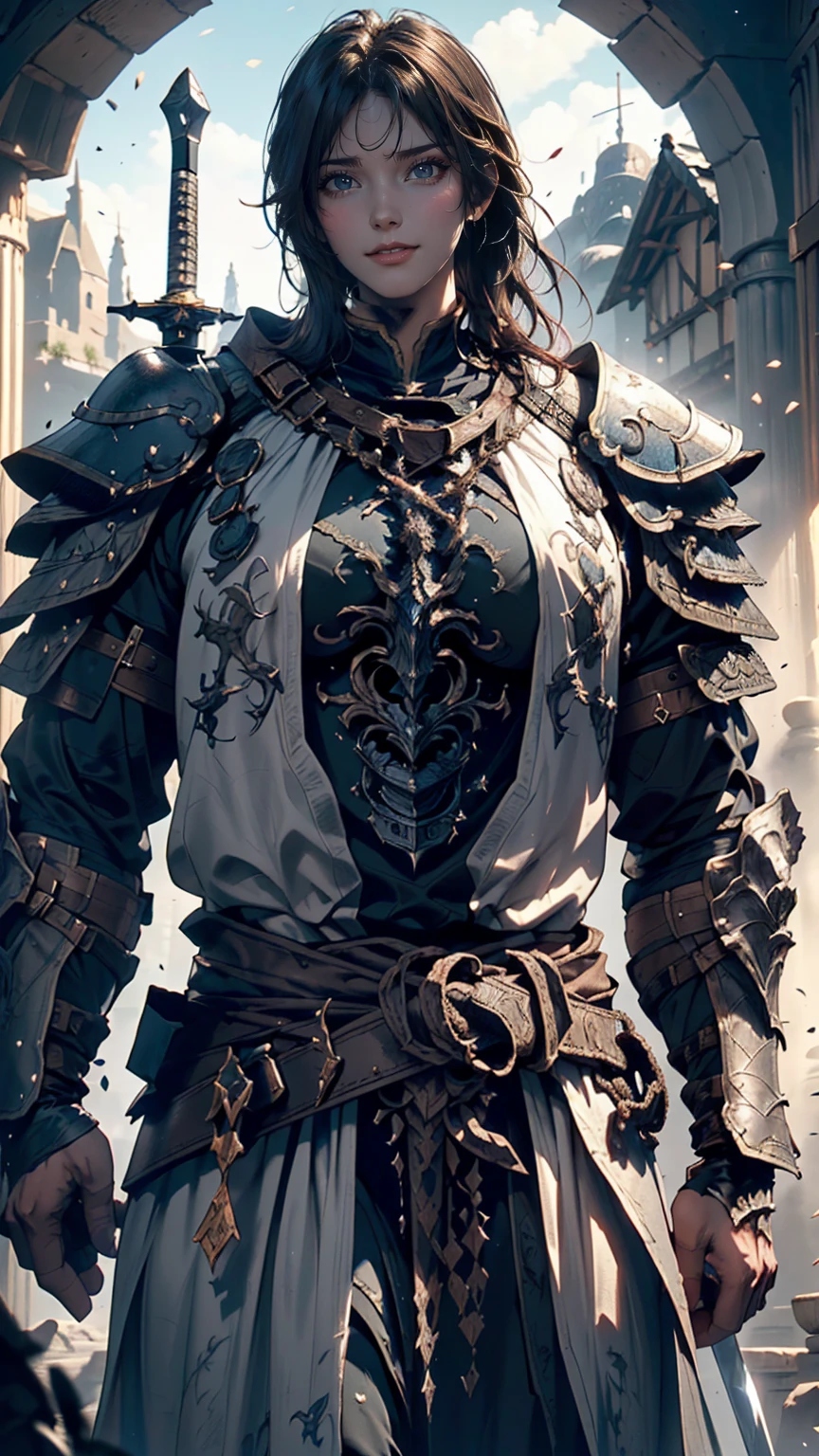 (8k unit wallpaper CG highly detailed, masterpiece, Highest quality, Super detailed), (((alone))), ((Wide Shot:1.5)), (Paladin with legendary sword), (Thematic Backgrounds), Medieval, Nice views, Dark and ominous environment, (Dark Souls 3, Illustrator, (Best illustrations)