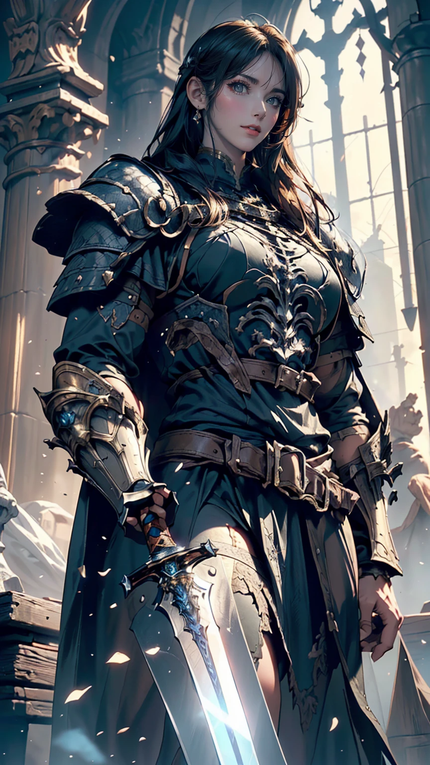 (8k unit wallpaper CG highly detailed, masterpiece, Highest quality, Super detailed), (((alone))), ((Wide Shot:1.5)), (Paladin with legendary sword), (Thematic Backgrounds), Medieval, Nice views, Dark and ominous environment, (Dark Souls 3, Illustrator, (Best illustrations)