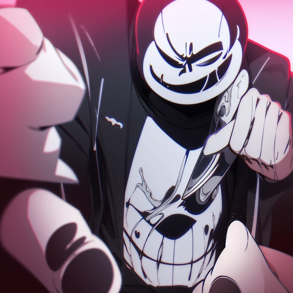 white skeleton, Killer!sans, no eyes, angry, smiling, hands holding knife, blue jacket, black shirt, white shorts, red target in front of chest, black outline