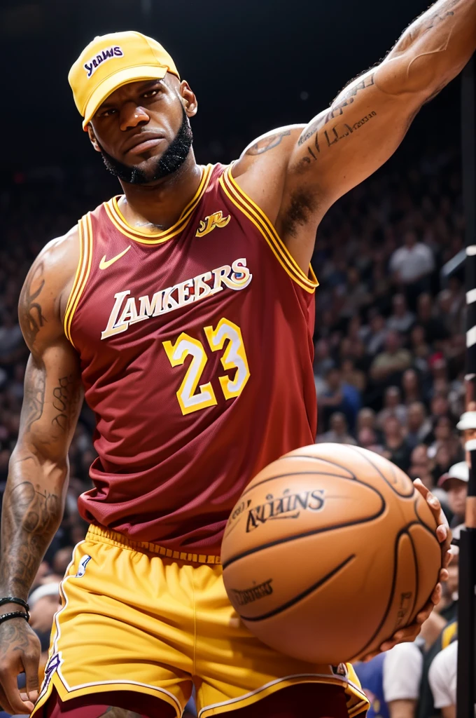 Lebron James burying a ball of bacon in Homer Simpson's mouth