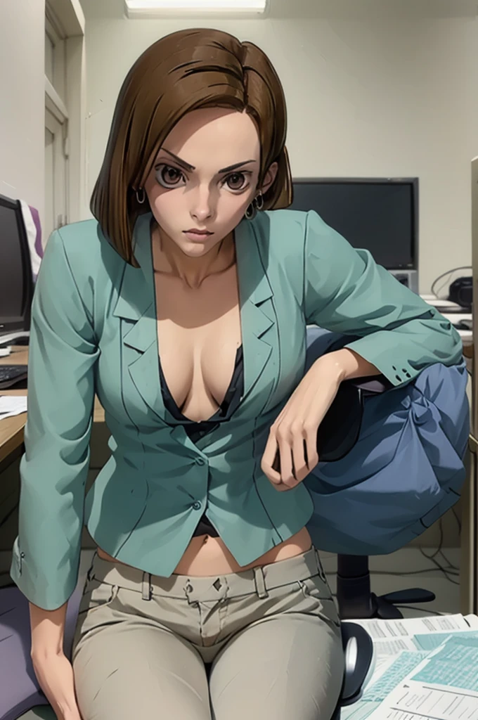 masterpiece, best quality, kinue, earrings, no shirt, unbuttoned capri pants, cowboy shot, sitting, desk, chair, office, looking at viewer