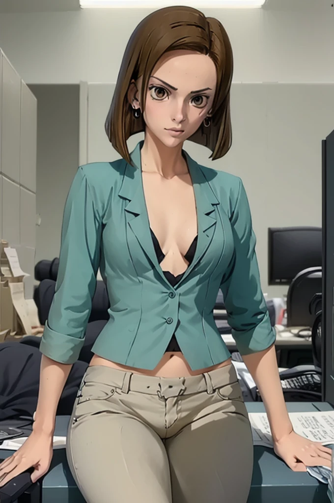 masterpiece, best quality, kinue, earrings, no shirt, unbuttoned capri pants, cowboy shot, sitting, desk, chair, office, looking at viewer