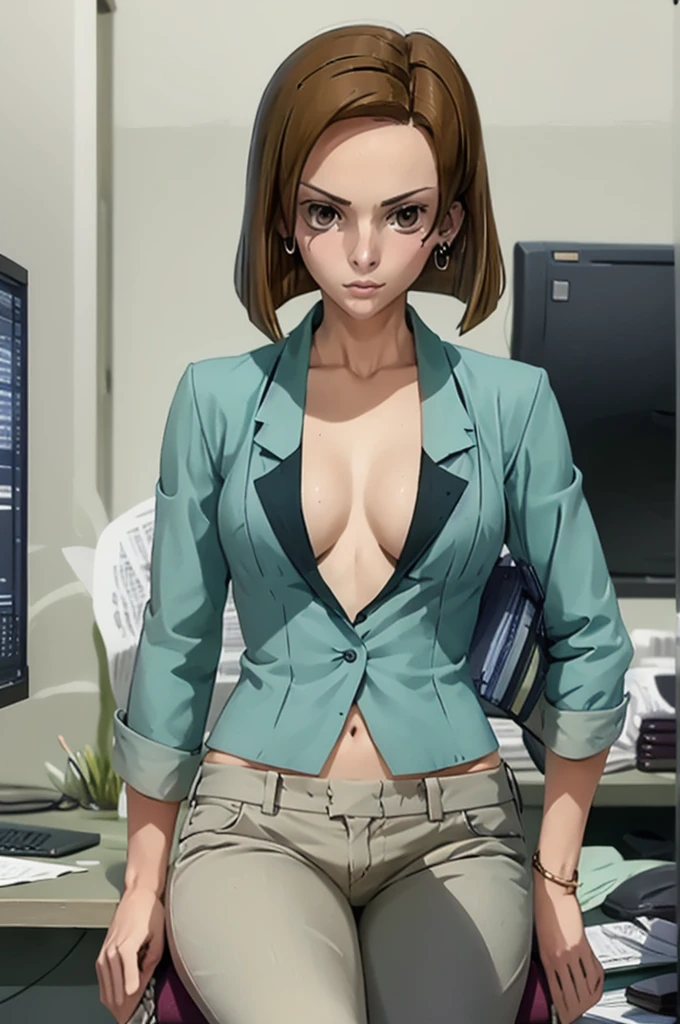 masterpiece, best quality, kinue, earrings, no shirt, unbuttoned capri pants, cowboy shot, sitting, desk, chair, office, looking at viewer