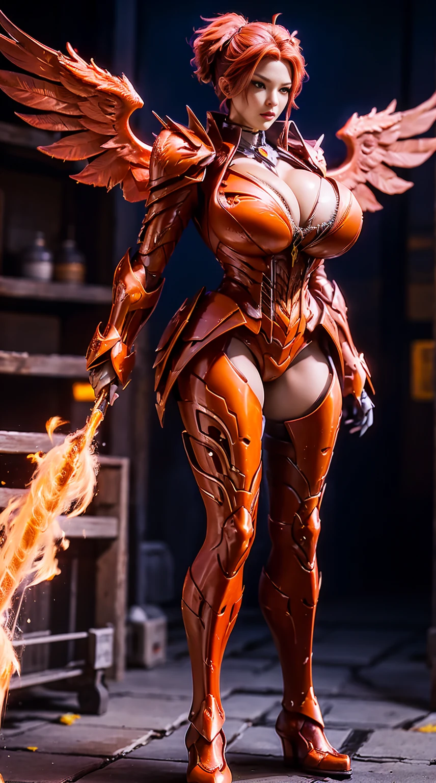 HUGE BOOBS, FIRE MECHA ARMOR FULL SUIT, (CLEAVAGE), (A PAIR LARGEST PHOENIX WINGS), TRANSPARANT, TALL LEGS, STANDING, SEXY BODY, MUSCLE ABS.