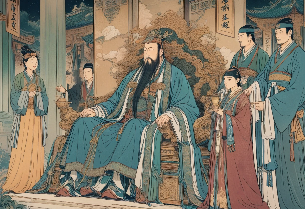 show 2 people, a jade Emperor seated on a magnificent golden throne in the heavenly realm looks down to a young farmer who is in simple clothing stands respectfully before him , symbolizing the sacred nature of the encounter.