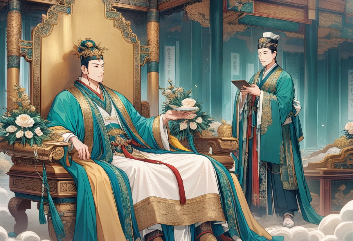 show 2 people, a jade Emperor seated on a magnificent golden throne in the heavenly realm looks down to a young farmer who is in simple clothing stands respectfully before him , symbolizing the sacred nature of the encounter.