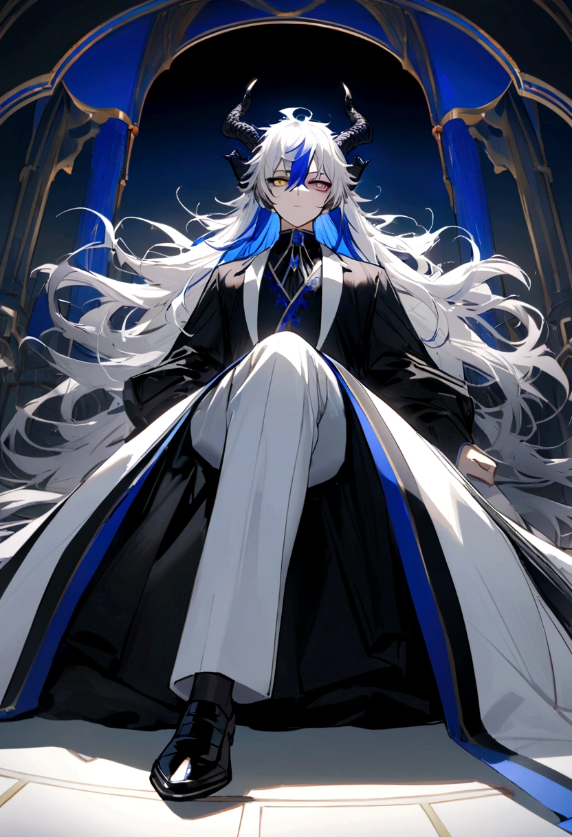 with black and white formal clothes and some blue details , has black dress shoes ,yellow and black eyes heterochromia , , dark expression , Messy hair , Medium length hair , 1 men , multicolored black and white hair , two tone hair , features Chinese dragon horns with black and blue details , on its back you can see a palace