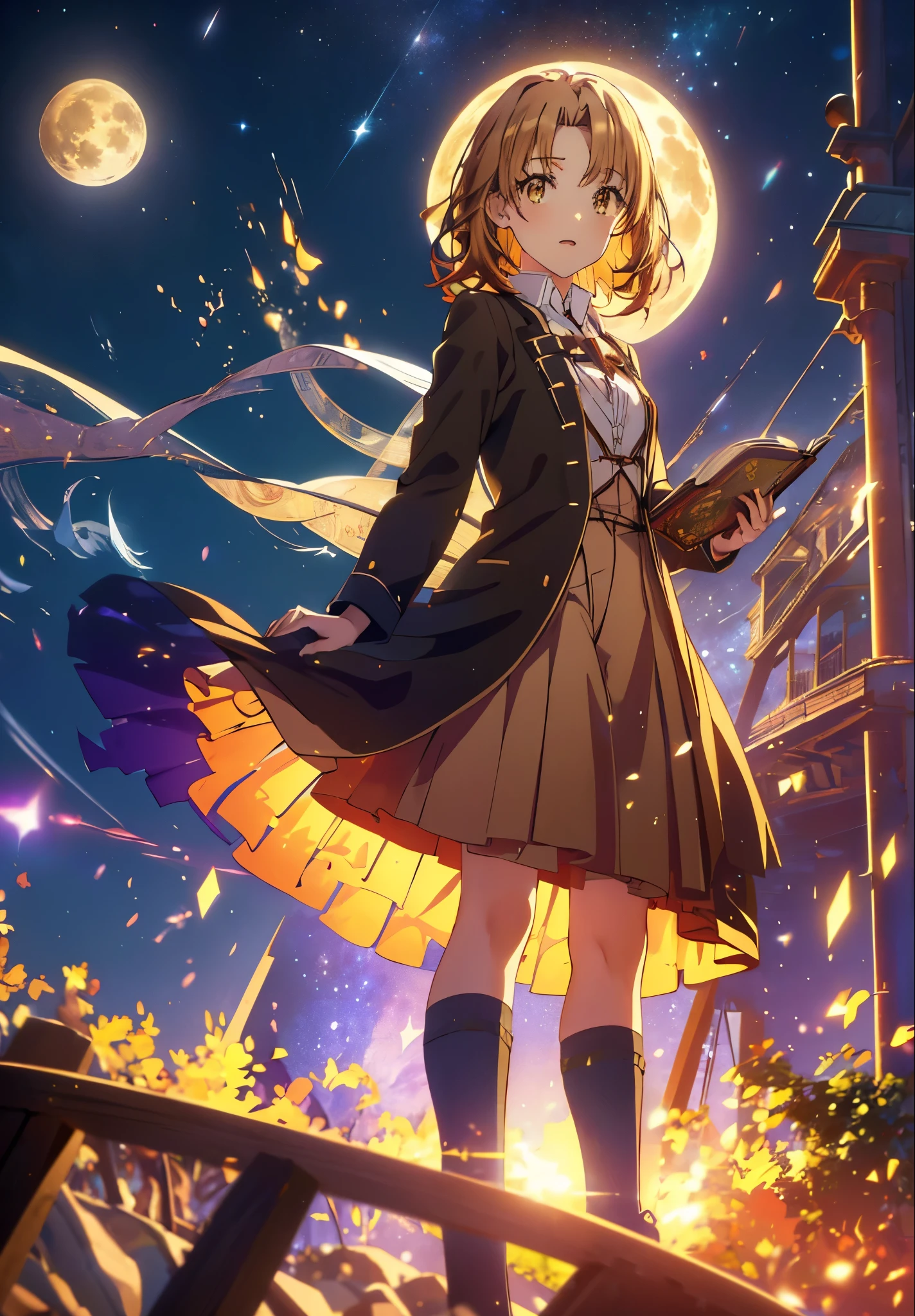 Irohaisshiki, isshiki iroha, Short Hair, Brown Hair, (Brown eyes:1.5), smile,((Night Sky)),((Big full moon)),((Sparkling and colorful stars)),Fluffy hair,((Idol style costume with soft volume)),Long skirt,Pointed shoes,Holding a magic book in his right hand,Uses magic with left hand,((witch)),Rubik&#39;s Square,So that the whole body goes into the illustration,
break outdoors, forest,forest
break looking at viewer,
break (masterpiece:1.2), Highest quality, High resolution, unity 8k wallpaper, (shape:0.8), (Narrow and beautiful eyes:1.6), Highly detailed face, Perfect lighting, Highly detailed CG, (Perfect hands, Perfect Anatomy),