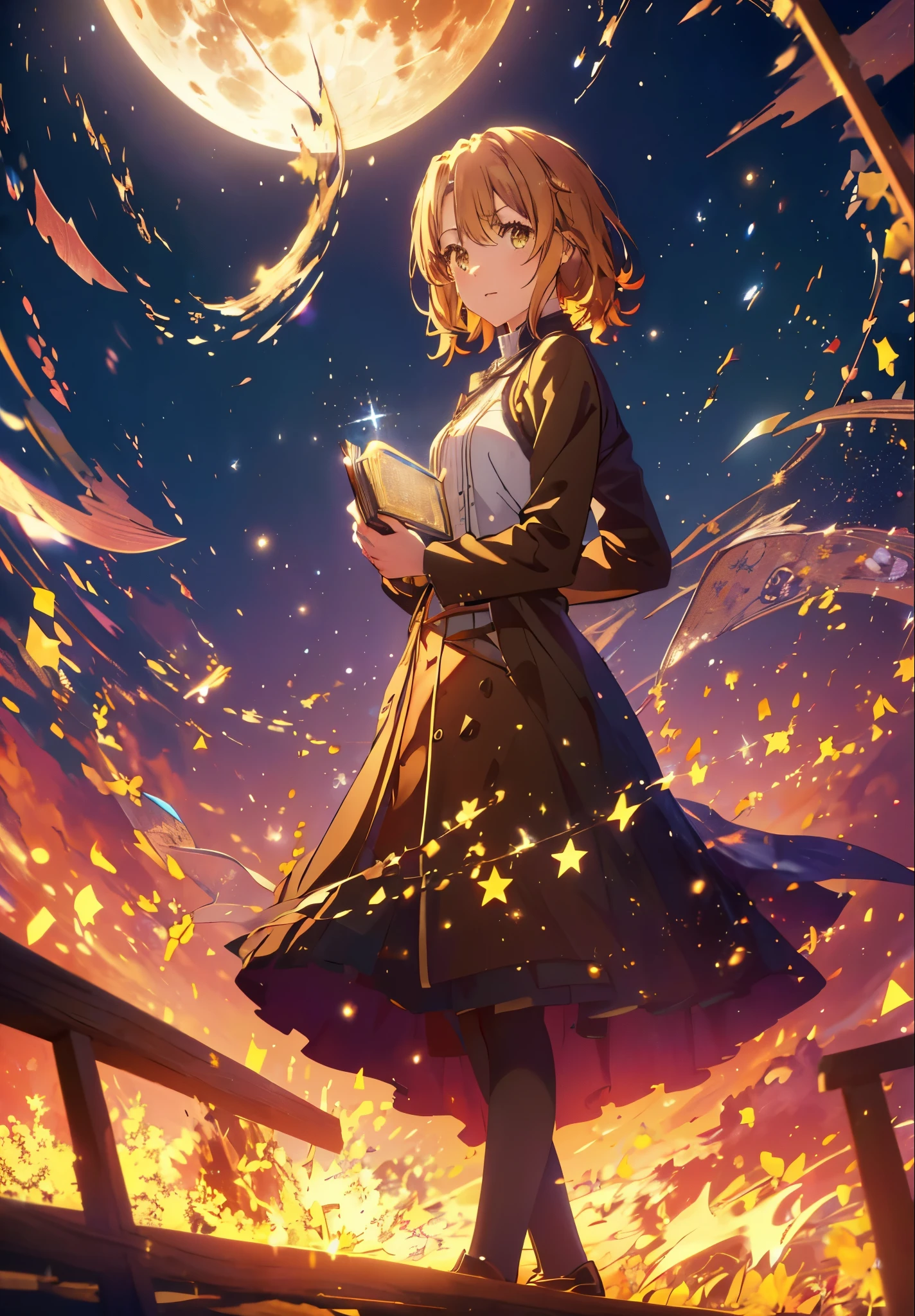 Irohaisshiki, isshiki iroha, Short Hair, Brown Hair, (Brown eyes:1.5), smile,((Night Sky)),((Big full moon)),((Sparkling and colorful stars)),Fluffy hair,((Idol style costume with soft volume)),Long skirt,Pointed shoes,Holding a magic book in his right hand,Uses magic with left hand,((witch)),Rubik's Square,So that the whole body goes into the illustration,
break outdoors, forest,forest
break looking at viewer,
break (masterpiece:1.2), Highest quality, High resolution, unity 8k wallpaper, (shape:0.8), (Narrow and beautiful eyes:1.6), Highly detailed face, Perfect lighting, Highly detailed CG, (Perfect hands, Perfect Anatomy),