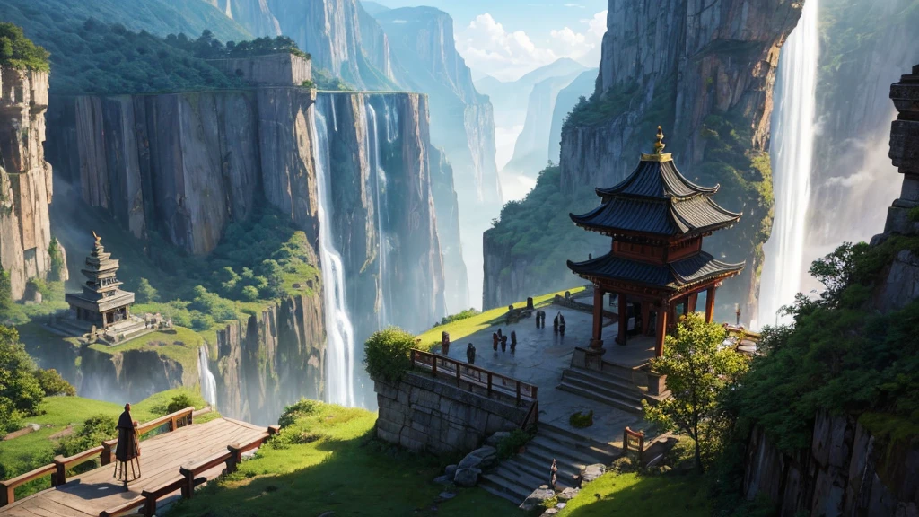 a large statue of a seated figure, looks like Buddha, is placed on a circular platform on a large rock surrounded by verdant landscape and steep cliffs. A waterfall can be seen on the left side in the background. Fog or low clouds cover the lower part of the cliffs and waterfalls, creates a mysterious atmosphere for the scene. A wooden bridge leads from the front to the base of the statue, with some people visible on the bridge, suggests this was a place of visitation or pilgrimage. The scene seemed peaceful and majestic, perhaps impressed by its natural beauty and scale.

1

trendingpics.featuring