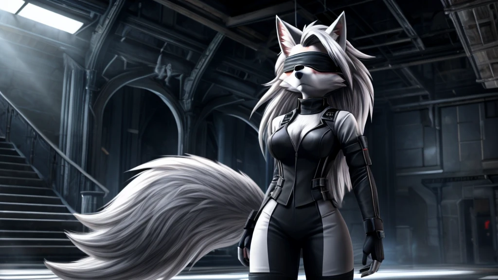 Loona from Helluva Boss, female white wolf, anthro, mature adult, fluffy short white hair, blindfold, white combat suit, she is blind, standing, serious, detailed, solo, beautiful, high quality, 4K
