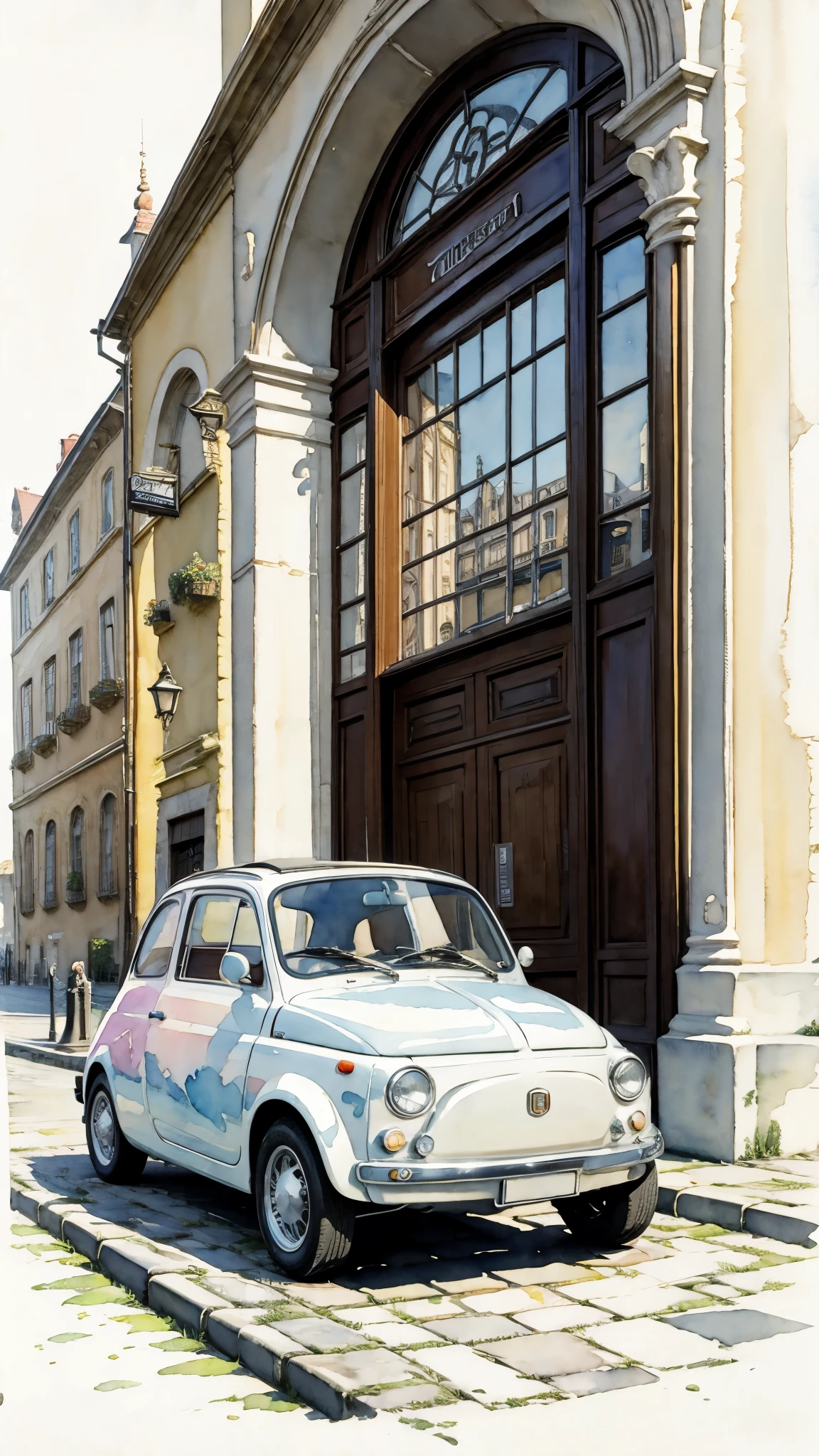 (masterpiece:1.2, Highest quality),(Very detailed),(((watercolor))),8K,wallpaper,Cream-colored Fiat 500,Germany,Run through Cologne Cathedral,(((Ghibli style))),透明watercolor