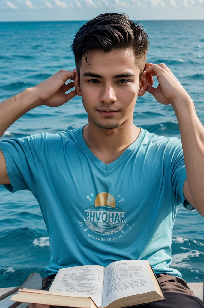 Create a pic of the 27 years old boy reading book under ocean 