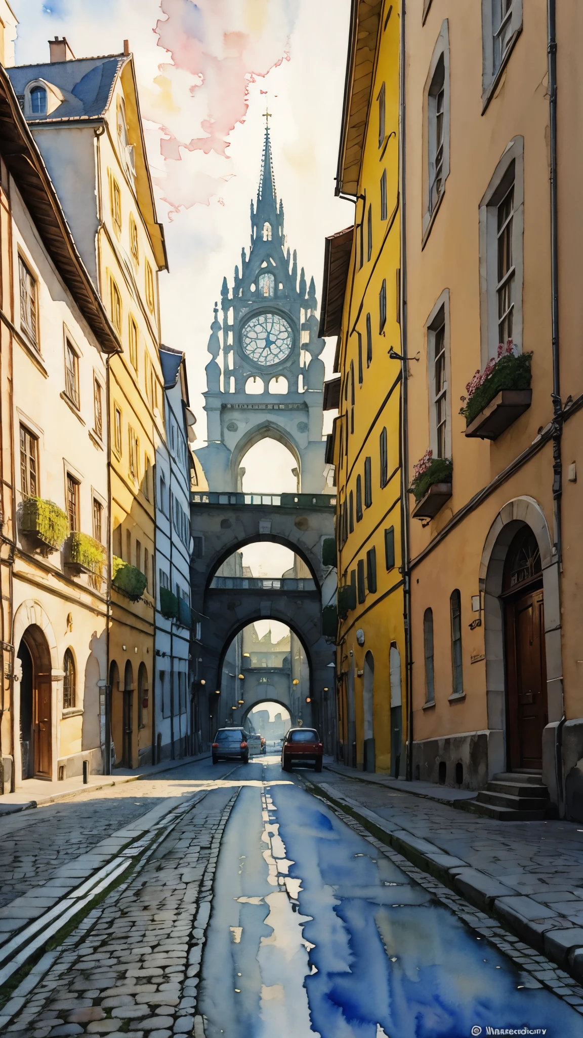 (masterpiece:1.2, Highest quality),(Very detailed),(((watercolor))),8K,wallpaper,Cream-colored Fiat 500,Germany,Run through Cologne Cathedral,(((Ghibli style))),透明watercolor