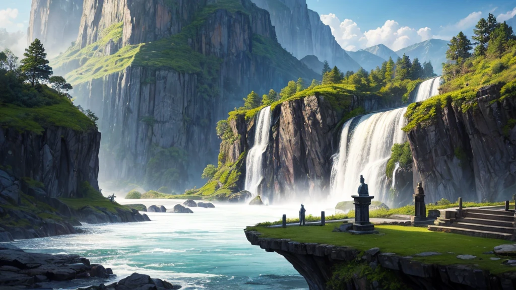 a large statue of a seated figure, looks like Buddha, is placed on a circular platform on a large rock surrounded by verdant landscape and steep cliffs. A waterfall can be seen on the left side in the background. Fog or low clouds cover the lower part of the cliffs and waterfalls, creates a mysterious atmosphere for the scene. A wooden bridge leads from the front to the base of the statue, with some people visible on the bridge, suggests this was a place of visitation or pilgrimage. The scene seemed peaceful and majestic, perhaps impressed by its natural beauty and scale.
1
trendingpics.featuring