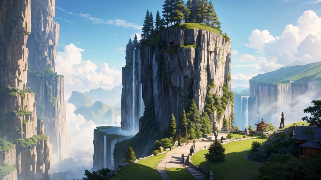 a large statue of a seated figure, looks like Buddha, is placed on a circular platform on a large rock surrounded by verdant landscape and steep cliffs. A waterfall can be seen on the left side in the background. Fog or low clouds cover the lower part of the cliffs and waterfalls, creates a mysterious atmosphere for the scene. A wooden bridge leads from the front to the base of the statue, with some people visible on the bridge, suggests this was a place of visitation or pilgrimage. The scene seemed peaceful and majestic, perhaps impressed by its natural beauty and scale.

1

trendingpics.featuring