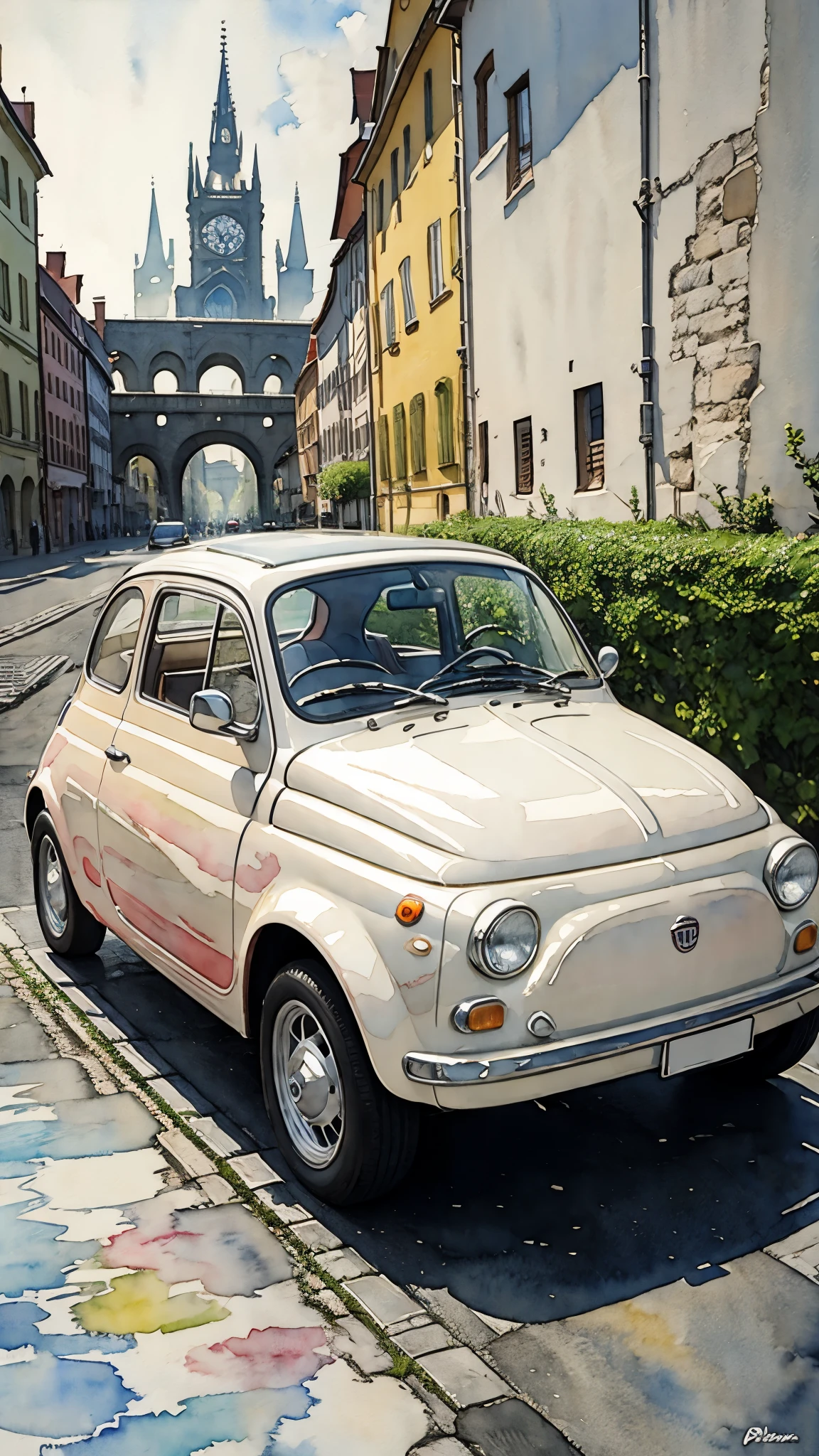 (masterpiece:1.2, Highest quality),(Very detailed),(((watercolor))),8K,wallpaper,Cream-colored Fiat 500,Germany,Run through Cologne Cathedral,(((Ghibli style))),透明watercolor