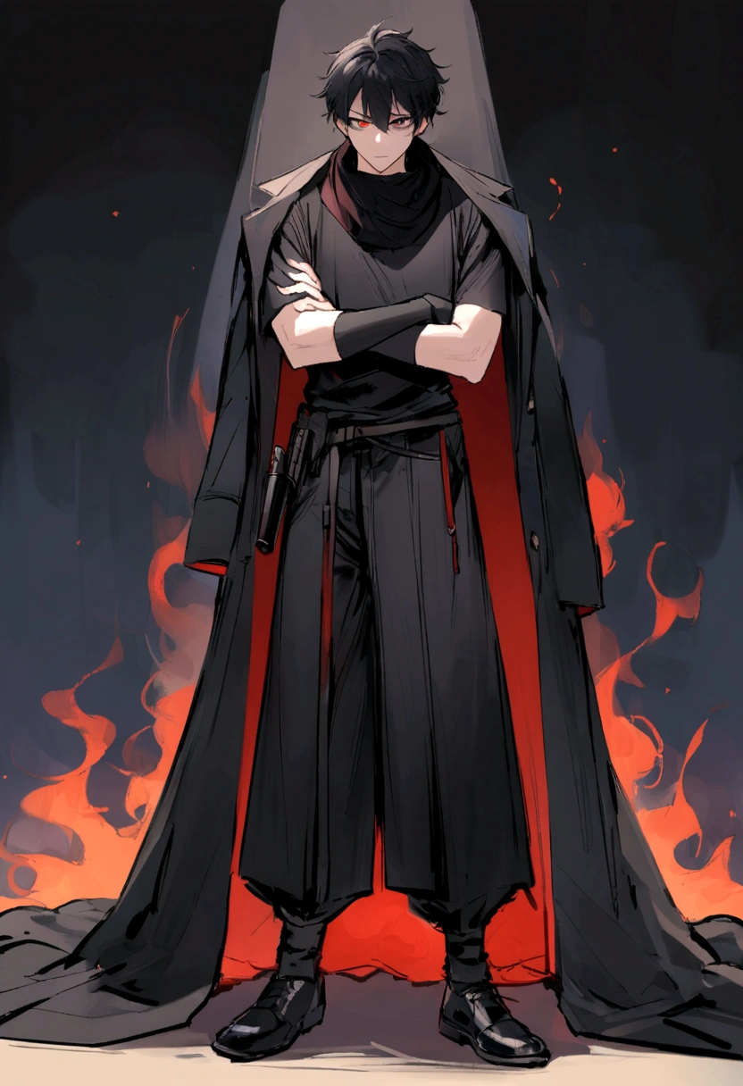 boy, big messy black hair with dark red bangs, black and red eyes, heterochromia, wide, loose-fitting black shirt at the neck, long coat with short sleeves and ripped at the bottom in black with reddish flames, black, wide pants that reach the shoes, shoes black, holding two black shotguns with blue details, a pair of wide black elbow-length gloves, crossed arms, best qualityer