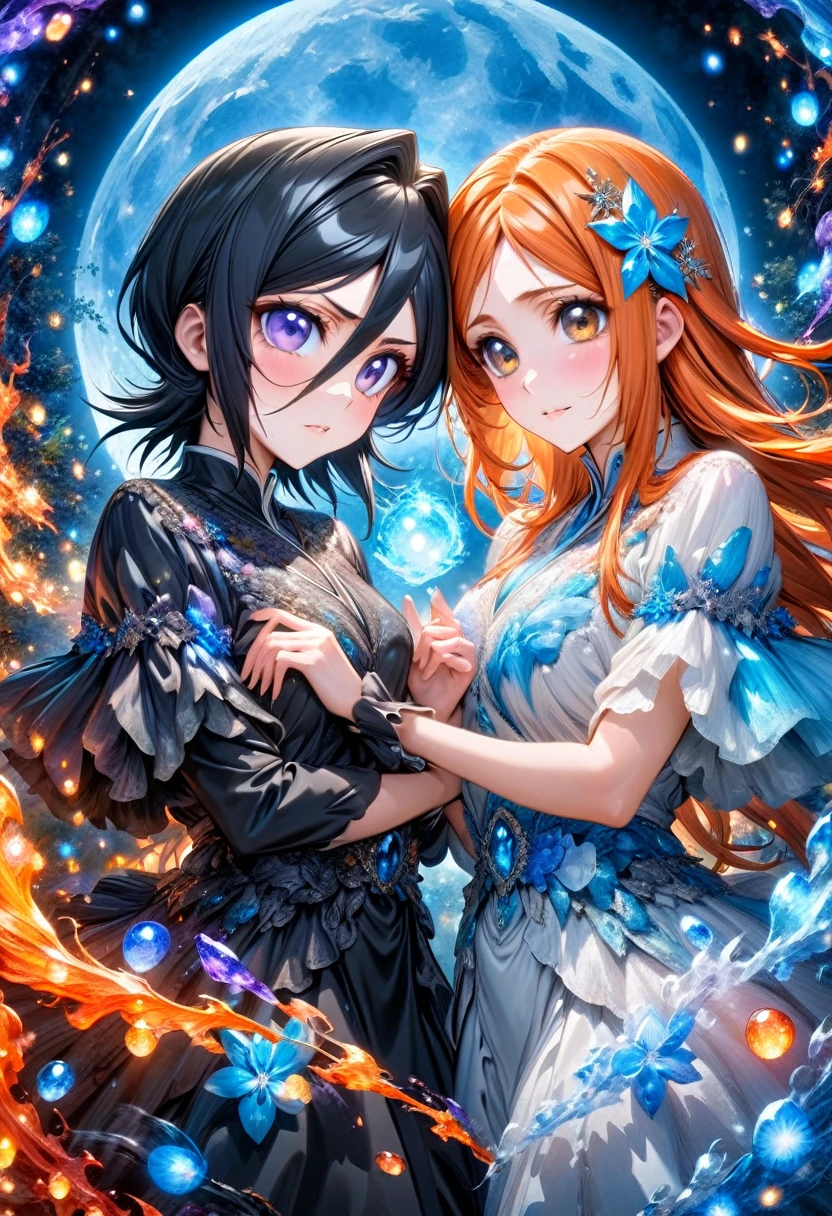 absurdres, highres, ultra detailed, HDR, masterpiece, Kuchiki Rukia, black hair, expressive purple eyes, Bleach, Inoue Orihime, long orange hair, expressive brown eyes, two women together, beautiful, black clothes, white clothes, magical, fantasy, blue moon, starry, blue fireflies, blue flowers