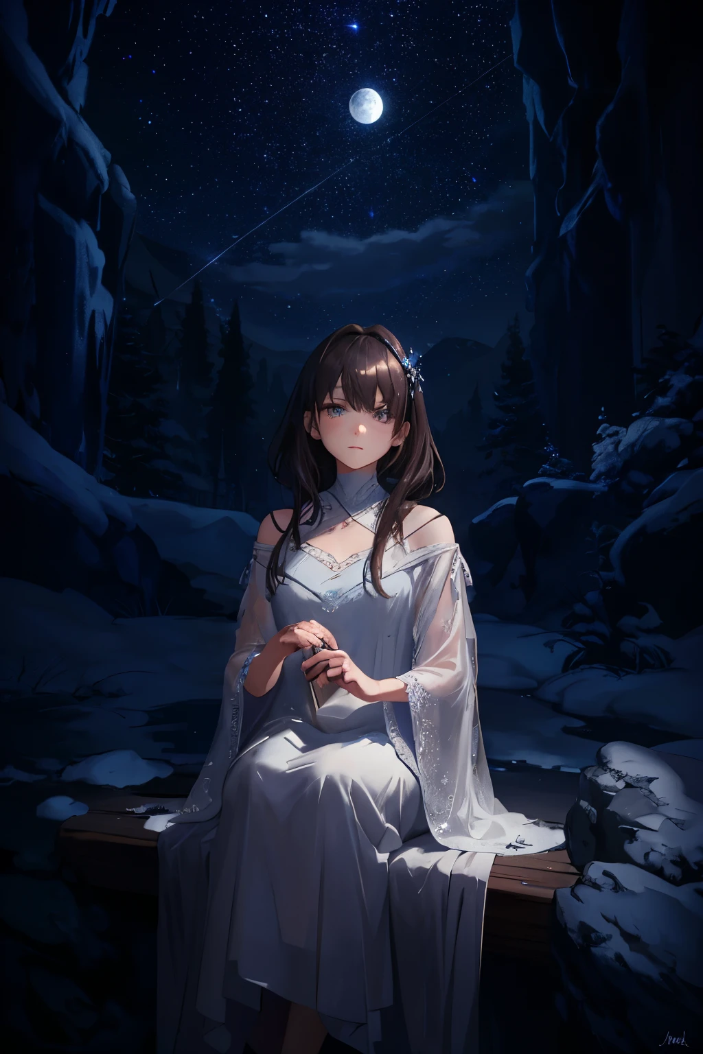 woman, night sky, dark hair, twinkling eyes, shimmering silver dress, ethereal, melancholic, atmospheric, clean lines, intricate, starlit backdrop, moody, masterpiece, best quality, 4K, HDR, ultra-detailed, realistis, night scene, long hair, floating, dreamlike, lower body hidden, softfocus, shadowy, mysterious, emphasis on stars, glowing night sky, moonlight, subtle, subtle glows, somber mood, melancholic colors