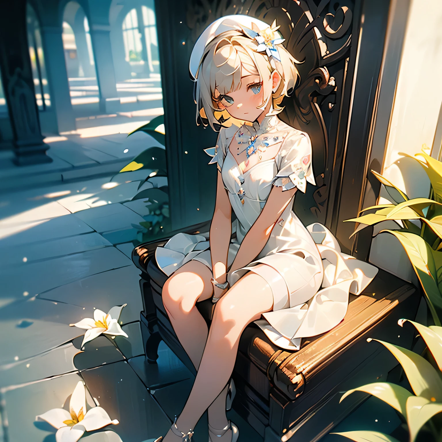 ((masterpiece:1.4, best quality)), ((masterpiece, best quality)),beautiful pixie cut silver blonde hair,little cute girl,full body, sitting in the sun,taking a nap, ((elegant summer mini dress)), white beautiful elegant hat,very cute,cute eyes,cinematic lighting and pause,beautiful flower park