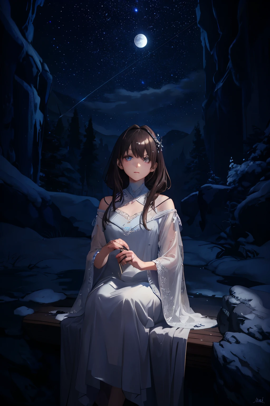 woman, night sky, dark hair, twinkling eyes, shimmering silver dress, ethereal, melancholic, atmospheric, clean lines, intricate, starlit backdrop, moody, masterpiece, best quality, 4K, HDR, ultra-detailed, realistis, night scene, long hair, floating, dreamlike, lower body hidden, softfocus, shadowy, mysterious, emphasis on stars, glowing night sky, moonlight, subtle, subtle glows, somber mood, melancholic colors