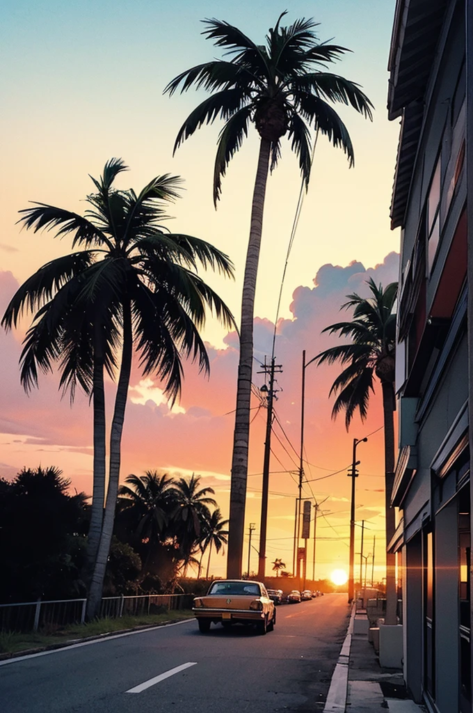  retro, miami, SUNSET, ferrari, palm tree, 90's, (flat-colors, flat texture, arte linear:1.2), graphic design, (heavy ink, black ink), 